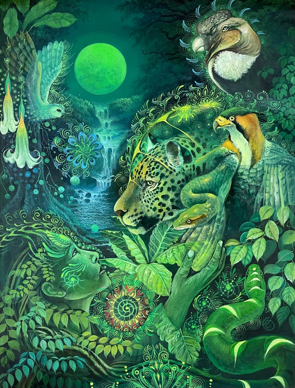 Visionary jaguar painting under a green moon